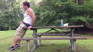 Public Park Jerking off and cumming in the picnic area