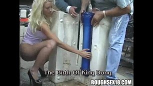 Blonde babe gets a giant dildo in the mail